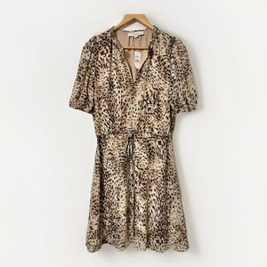 LOFT Women's Animal Print Dress Short Sleeve Tie Waist Sheer Casual‎